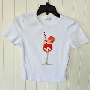 White Ribbed Tee with Aperol Spritz Cocktail Embroidery hand sewn new.  Size M
